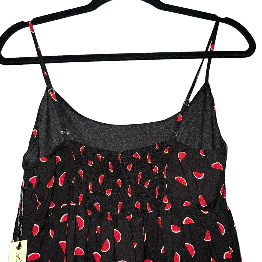 Lily White Watermelon Print Tiered‎ Mini Dress Black Red Smocked Back Adjustable